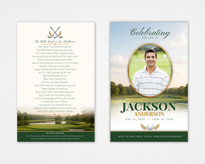 Golf funeral program template flat lay showing front and back cover — fairway background, crossed clubs emblem, oval photo frame, and poem "The Walk Back to the Clubhouse