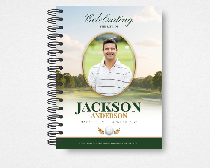 Fairway Classic memorial guest book front cover — soft green golf course fairway background, oval portrait photo placeholder with gold border, "Celebrating the Life Of" script header, bold dark green name, dates, and golf ball laurel emblem — Standard size