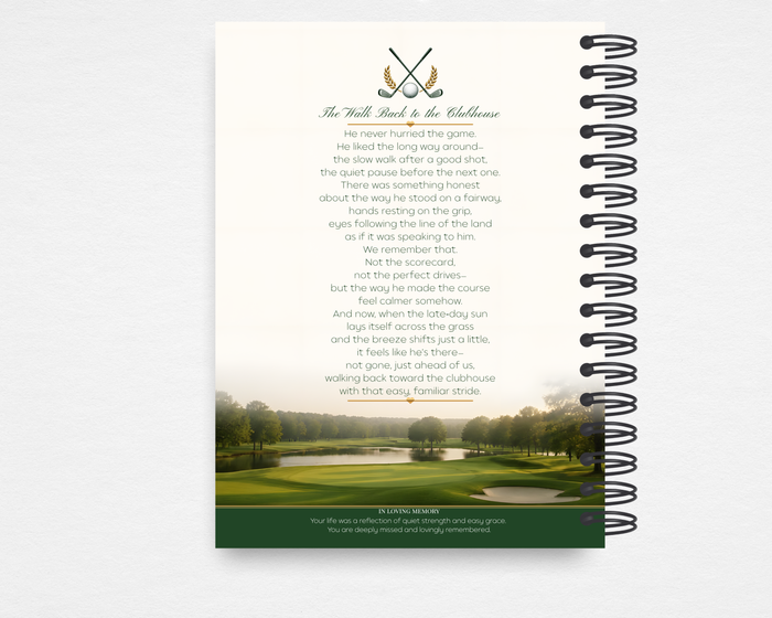 Fairway Classic memorial guest book back cover — cream fairway background with crossed golf clubs crest and "The Walk Back to the Clubhouse" original poem in dark green serif type, "In Loving Memory" footer on dark green banner — Standard size