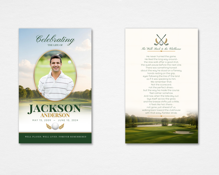 Fairway Classic memorial prayer card — deep green golf course background with oval portrait photo placeholder, gold border, bold dark green name and dates on front; cream background with 23rd Psalm in serif type on back — front and back