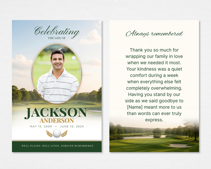 Fairway Classic Memorial Thank You Card Template — Canva editable 4x6 flat card with golf course background, gold oval photo frame, dark green and gold typography, and coordinating back card with thank you message