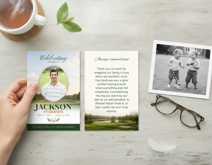 Fairway Classic Memorial Thank You Card — lifestyle flat lay showing front and back card on white wood surface with tea, greenery, glasses, and vintage black and white photo