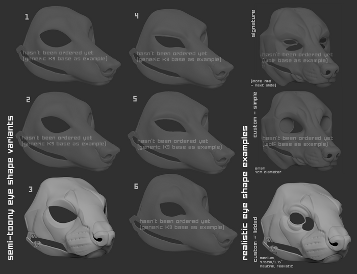 Various eye shape variants for a ferret mask or fursuit base on a dark background.