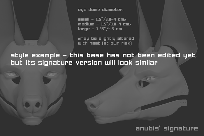 Example of a "signature" humanoid realistic eye style on a generic 3D model of a mask or fursuit base on a dark background.