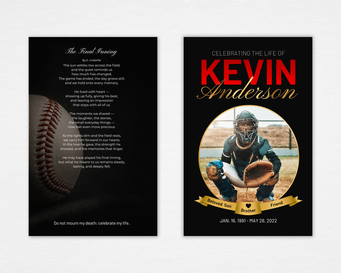 Heart of the Game funeral program front and back — black background, close-up baseball back page, gold oval portrait frame with ribbon banner, bold red and gold script typograph
