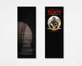 Final Inning memorial bookmark — black background with close-up baseball and original poem "The Final Inning" on front; circular photo placeholder, bold red and gold name, dates, and gold ribbon banner with relationship labels on back — front and back