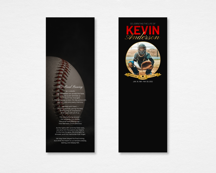 Final Inning memorial bookmark — black background with close-up baseball and original poem "The Final Inning" on front; circular photo placeholder, bold red and gold name, dates, and gold ribbon banner with relationship labels on back — front and back