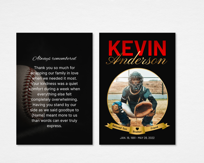 Final Inning memorial thank you card — black background with close-up baseball and "Always Remembered" editable thank you message on front; circular photo placeholder, bold red and gold name, dates, and gold ribbon banner with relationship labels on back — front and back