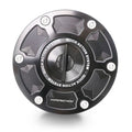 MC Motoparts Ducati Hypermotard 950 SP logo engraved keyless fuel cap, durable metal with sleek black finish.