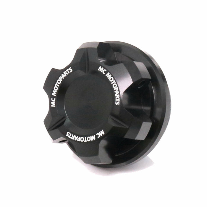MC Motoparts CNC oil filler cap for Ducati Streetfighter 848, Supersport, Monster 821 motorcycle, black T-Axis design.