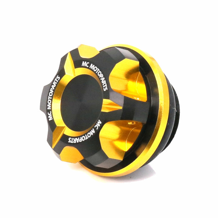 CNC aluminum oil filler cap for Ducati Streetfighter 848, Monster 821, and Supersport models by MC Motoparts, with T-Axis design.