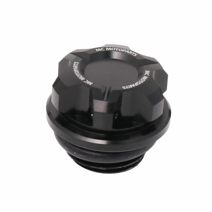 CNC oil filler cap for Honda CBF600, CBR600RR, CBR1000RR, and CBR600F motorcycles by MC Motoparts, black metal finish.