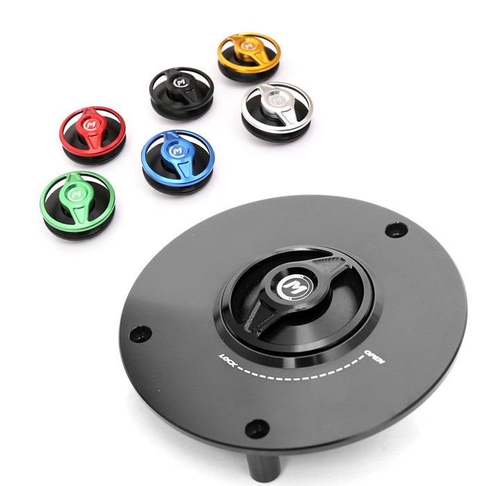 MC Motoparts CNC quick lock fuel cap for Honda CBF600, VFR1200, CB1000R motorcycles, black metal with a secure locking mechanism.