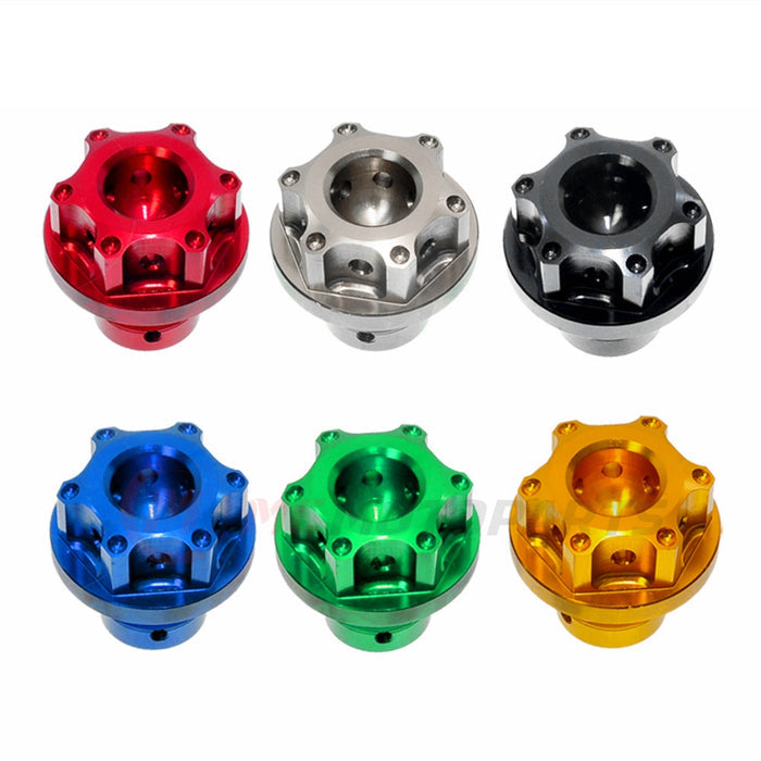 Honda CBR1000RR, CBR600F, CBR600RR CNC oil filler cap by MC Motoparts, metallic finish with engraved branding, close-up view