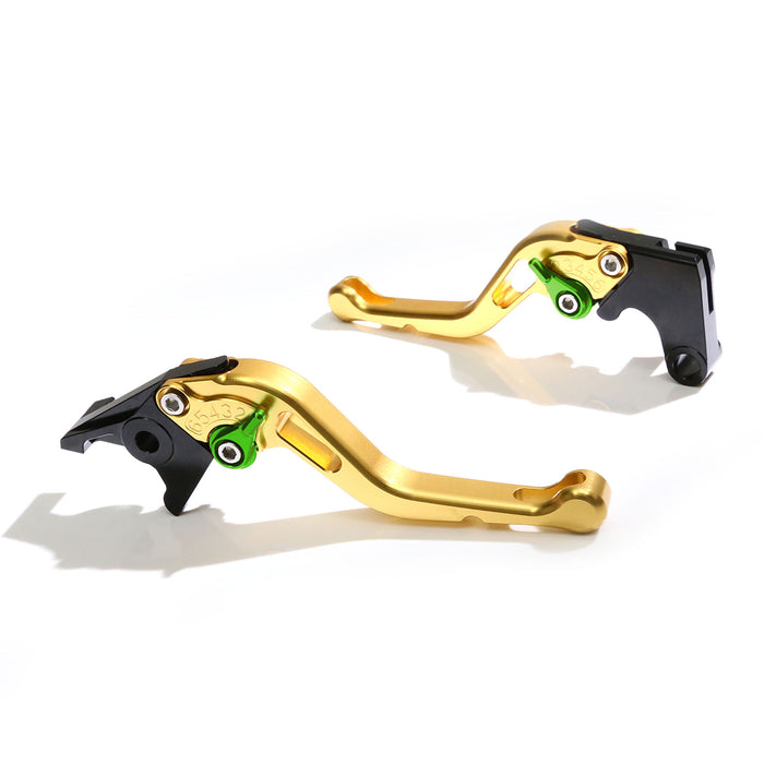 MC Motoparts CNC short brake and clutch levers for Honda CBR1100XX and ST1300, featuring adjustable design and gold finish.