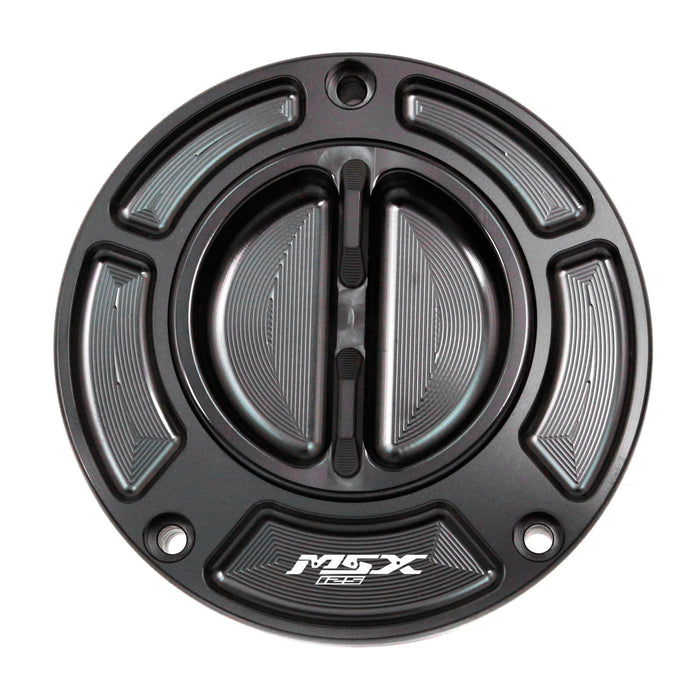Honda Grom MSX125 2016-2025 keyless fuel tank cap with engraved logo, black MC Motoparts fuel cap for secure, stylish fueling.