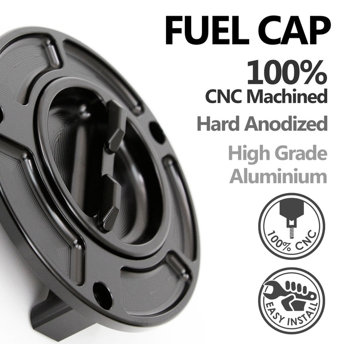 MC Motoparts Honda VFR800F 2014-2022 keyless fuel tank cap with engraved logo, showcasing sleek black design and secure locking mechanism.