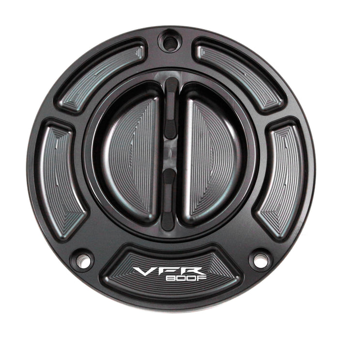 MC Motoparts keyless fuel tank cap for Honda VFR800F 2014-2022, engraved logo, black, secure locking mechanism, sleek design