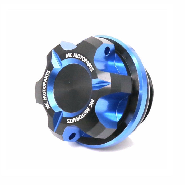 CNC oil filler cap for Kawasaki ER6F, ER6N, Z900RS, Z650, Z800 motorcycle by MC Motoparts, showing the black metal design.