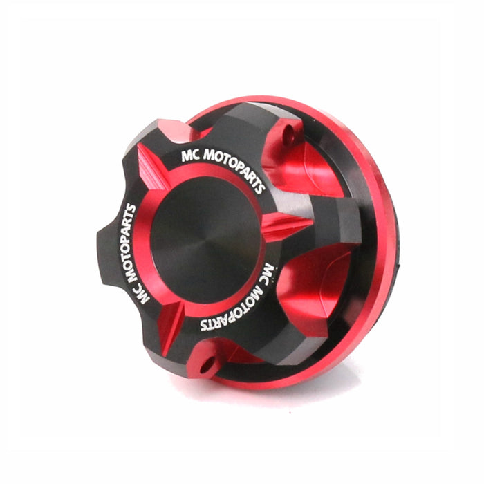 CNC oil filler cap for Kawasaki ER6F, ER6N, Z900RS, Z650, Z800 motorcycle by MC Motoparts, with red finish and precise machining.