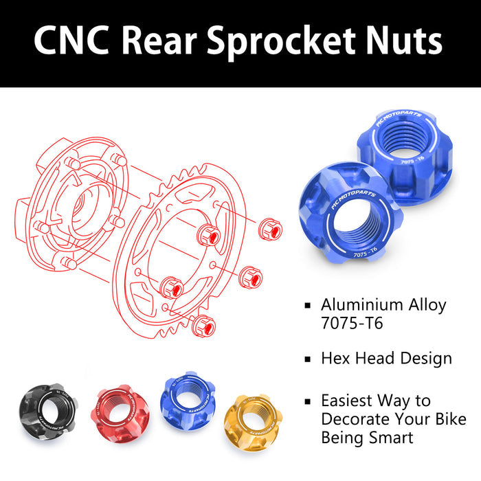 Kawasaki GPZ1000 RX Ninja 1000R MC Motoparts billet M12 rear sprocket nuts on motorcycle wheel for secure sprocket attachment