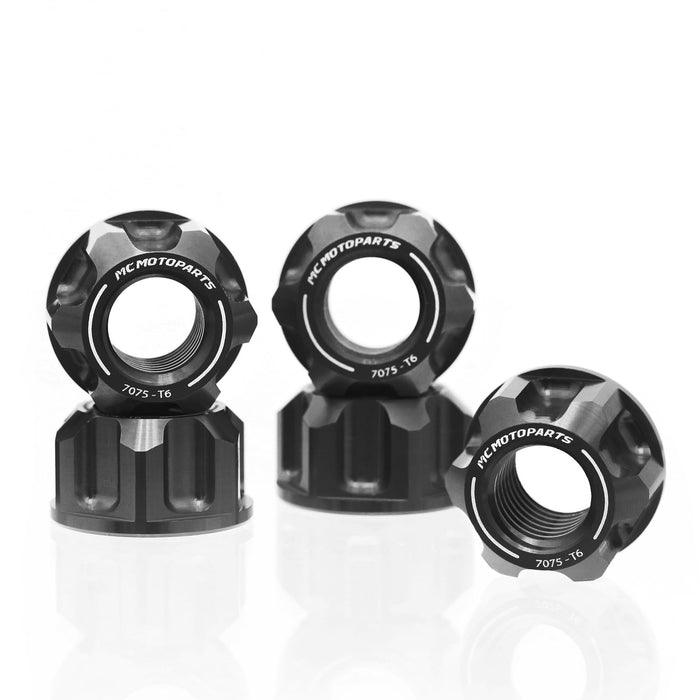 Black billet M12 rear sprocket nuts for Kawasaki GPZ1000 RX Ninja 1000R, designed by MC Motoparts for optimal bike sprocket security.