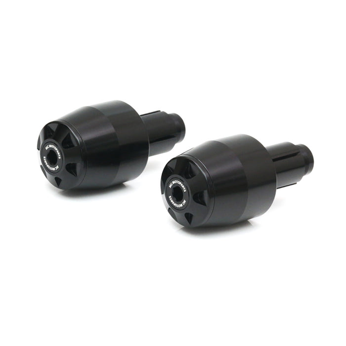 Black CNC bar ends for Kawasaki Ninja ZX-6R, ZX-10R, Z125 by MC Motoparts, showing sleek metal finish and mounting details.