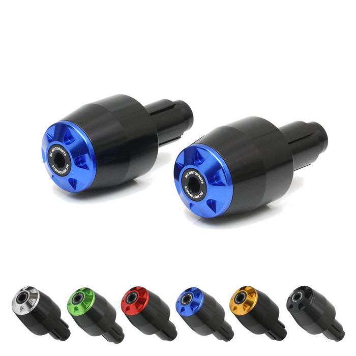 Black CNC bar ends for Kawasaki Ninja ZX-6R, ZX-10R, and Z125 motorcycles by MC Motoparts, shown installed on handlebars.