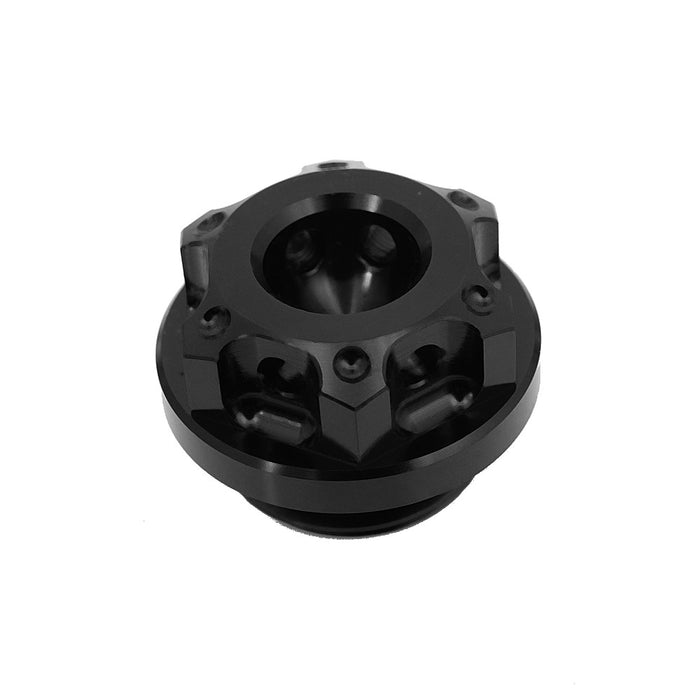 Black CNC oil filler cap for Kawasaki Z1000, Z900, Z650 Ninja 650 motorcycle by MC Motoparts, featuring precise machining.
