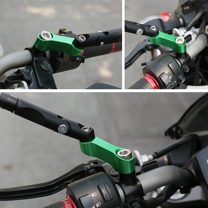 MC Motoparts CNC mirror extender and riser installed on Kawasaki Z1000 ZR1200 Versys 650 rear view mirror, showing upgraded motorcycle mirror.