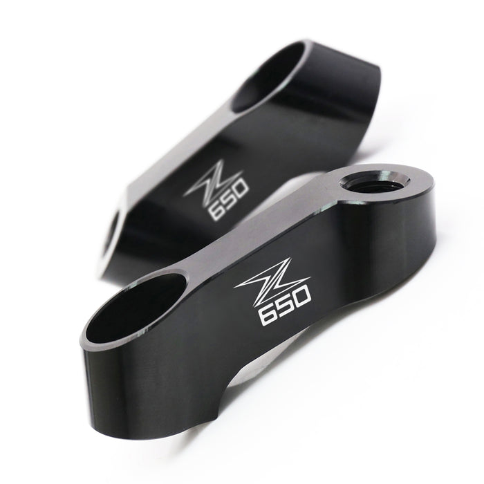 Black Kawasaki Z650 mirror extender by MC Motoparts, engraved logo, rear view mirror riser for 2017-2022 motorcycle.