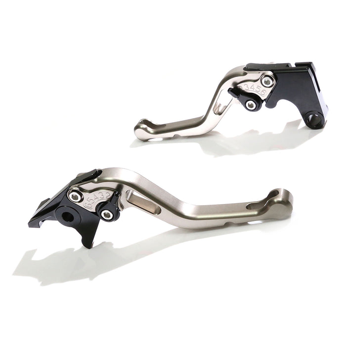 Black CNC GP short brake and clutch levers for Kawasaki Z750R ZX-6R ZX-10R Z1000SX by MC Motoparts, adjustable with a sleek design.