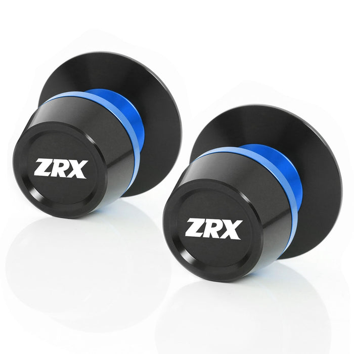 Kawasaki ZRX1200 R swingarm spools with engraved MC Motoparts logo, 10mm diameter, designed for motorcycle wheel mounting.