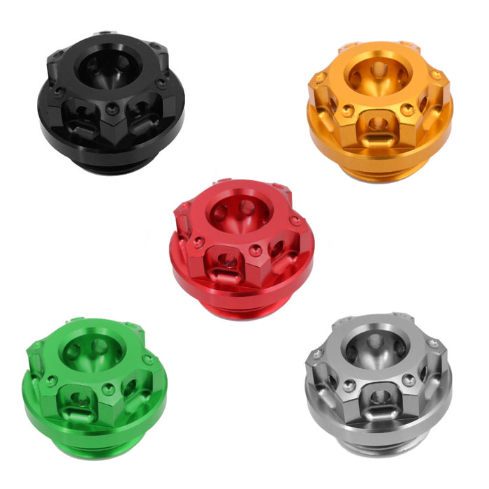 CNC oil filler cap for Kawasaki ZX-10R, ZX14R, Z750R, Ninja 300 motorcycle by MC Motoparts, showing close-up of black metal cap.
