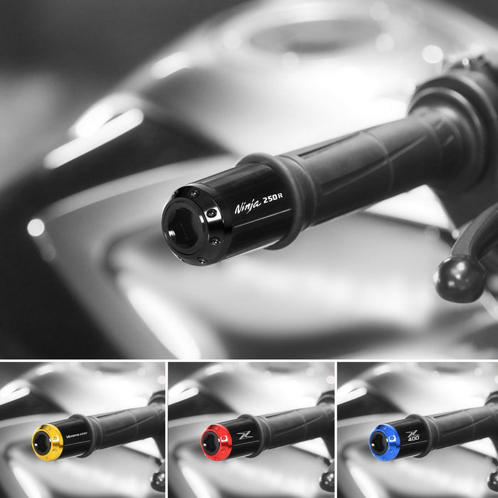 Black Kawasaki ZX-6R ZX-10R Ninja engraved logo MC Motoparts Atom Bar Ends installed on motorcycle handlebars.