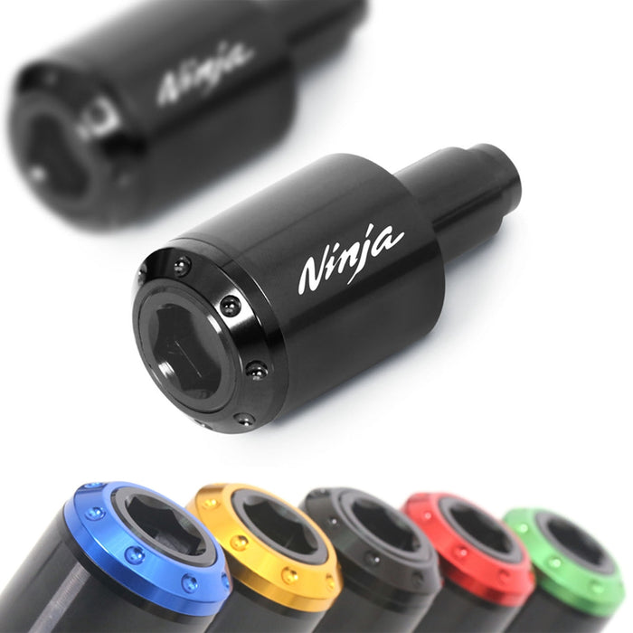 Black MC Motoparts Atom Bar Ends with engraved Kawasaki Ninja logo for Kawasaki ZX-6R and ZX-10R motorcycles.