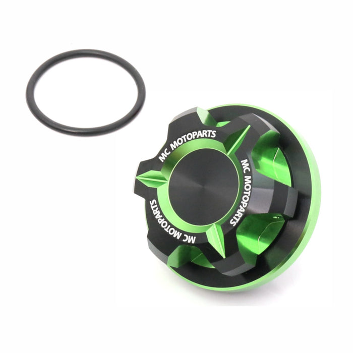 CNC aluminum oil filler cap for Kawasaki ZX6R, ZX6RR, ZX14R, ZX10R motorcycles by MC Motoparts, featuring a T-Axis design.