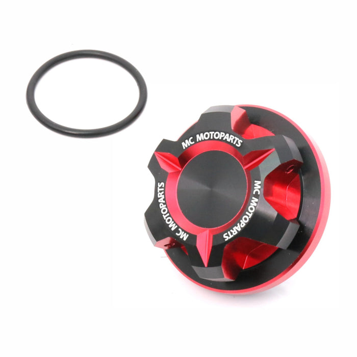 CNC oil filler cap for Kawasaki ZX6R, ZX6RR, ZX14R, ZX10R motorcycle from MC Motoparts, made of durable CNC machined aluminum.