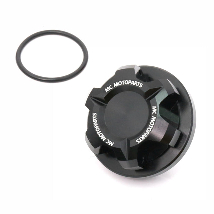 CNC oil filler cap for Kawasaki ZX6R, ZX6RR, ZX14R, ZX10R motorcycles by MC Motoparts, black aluminum with T-Axis design