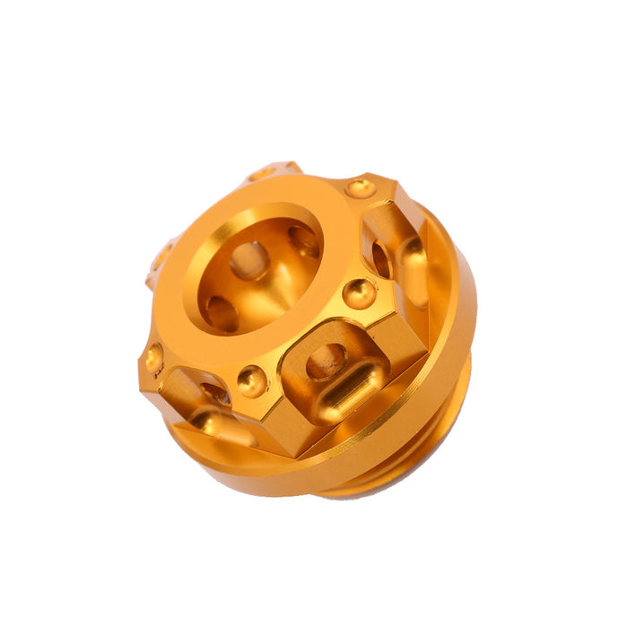 CNC aluminum oil filler cap for MV Agusta Brutale 750, 1090R, F4 RR by MC Motoparts, with a gold finish and detailed machining