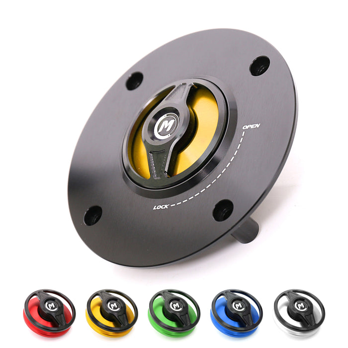 CNC quick release fuel cap for Suzuki Bandit GSF600 and GSF1200 motorcycles by MC Motoparts, with a gold finish and secure locking mechanism.