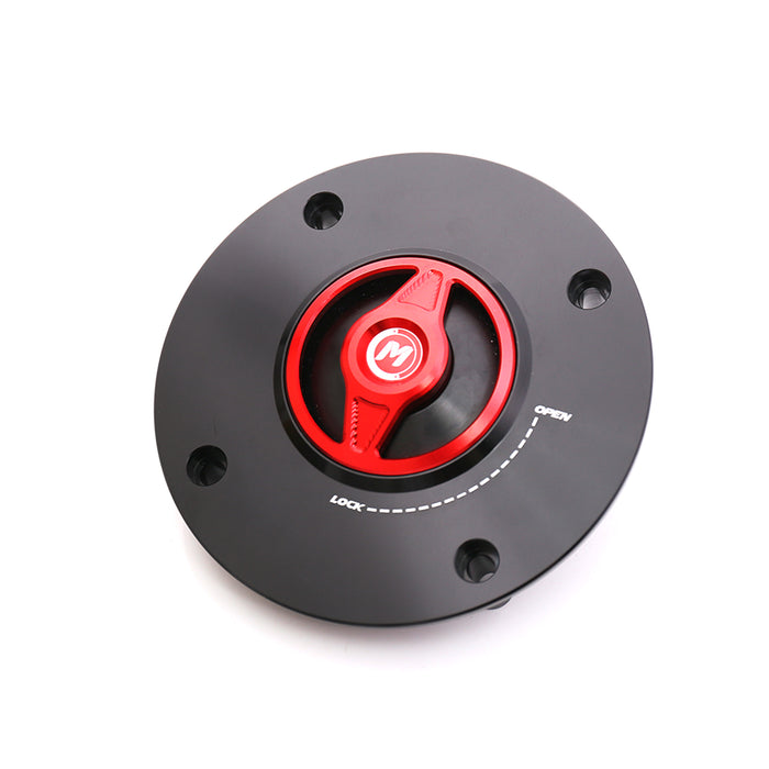 CNC aluminum fuel cap for Suzuki GSX-R1000 and GSXR750 by MC Motoparts, featuring quick lock mechanism and red finish.