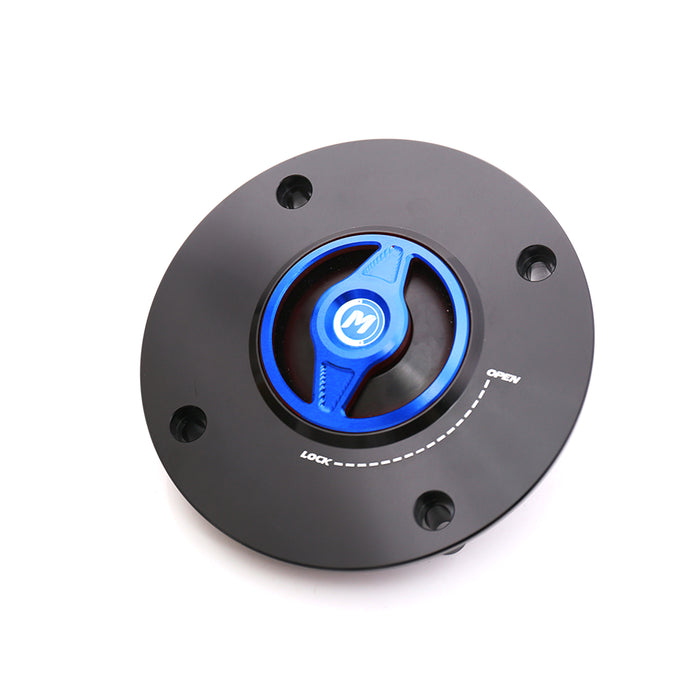 CNC aluminum Fit Suzuki GSX-R1000 GSXR750 REVO quick lock fuel cap by MC Motoparts, blue finish with CNC machining details