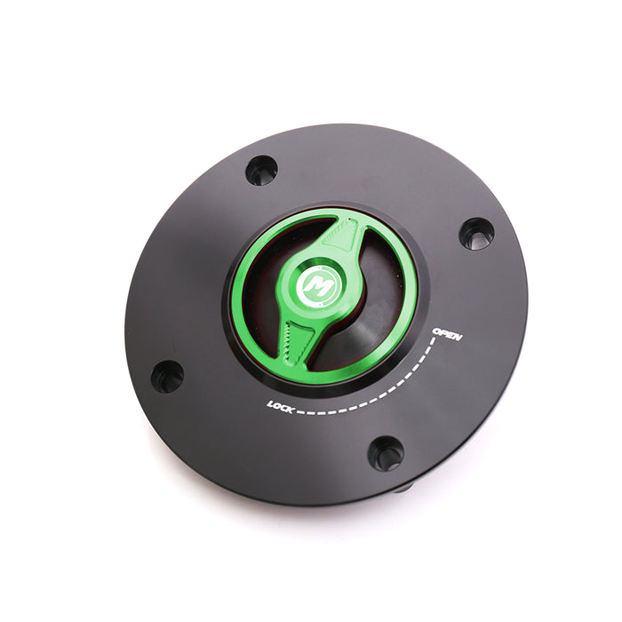 CNC aluminum quick lock fuel cap for Suzuki GSX-R1000 and GSXR750 by MC Motoparts, featuring a sleek design and secure locking mechanism.