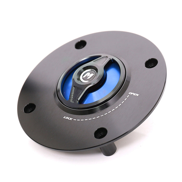 Blue CNC quick release fuel cap for Suzuki GSX-R600, GSXR750, and GSXR1000 by MC Motoparts, with a sleek, secure design.