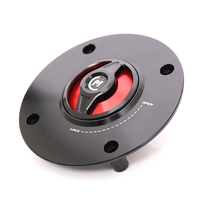 CNC MC Motoparts Revo quick release fuel cap for Suzuki GSX-R600, GSXR750, and GSXR1000 motorcycle, shown in red.