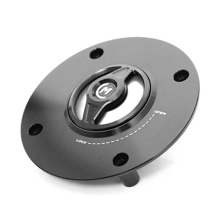 MC Motoparts Revo quick release fuel cap for Suzuki GSX-R600, GSXR750, and GSXR1000, shown in CNC machined metal.