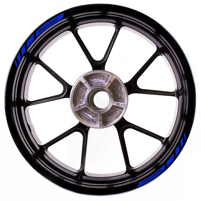 Blue Suzuki GSX-S1000F wheel rim edge sticker with StickerBao logo strips on black alloy rim.
