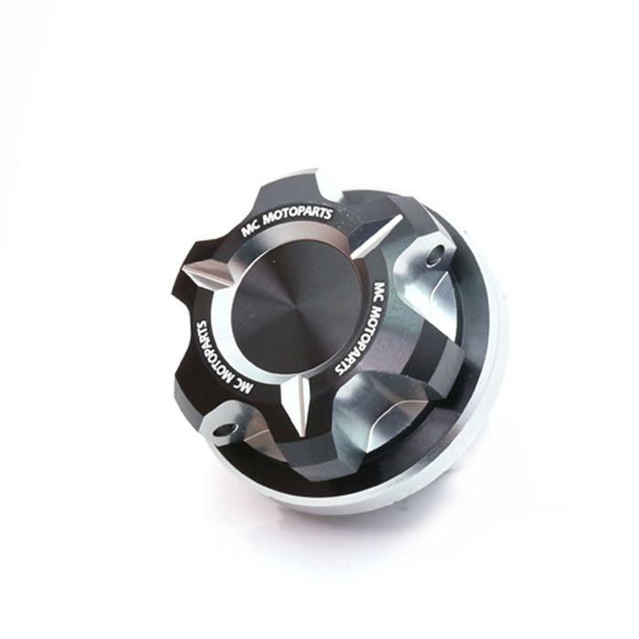 CNC oil filler cap for Suzuki GSXR 600, 750, 1000 GSR600 motorcycle by MC Motoparts, metallic finish with T-Axis design