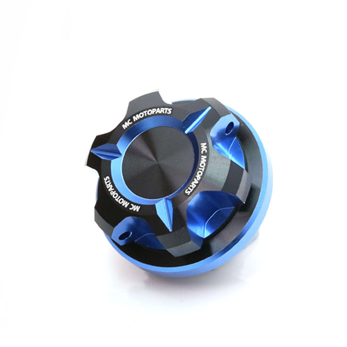 CNC aluminum oil filler cap for Suzuki GSXR 600 750 1000 GSR600, designed by MC Motoparts, with a T-axis style and blue finish.